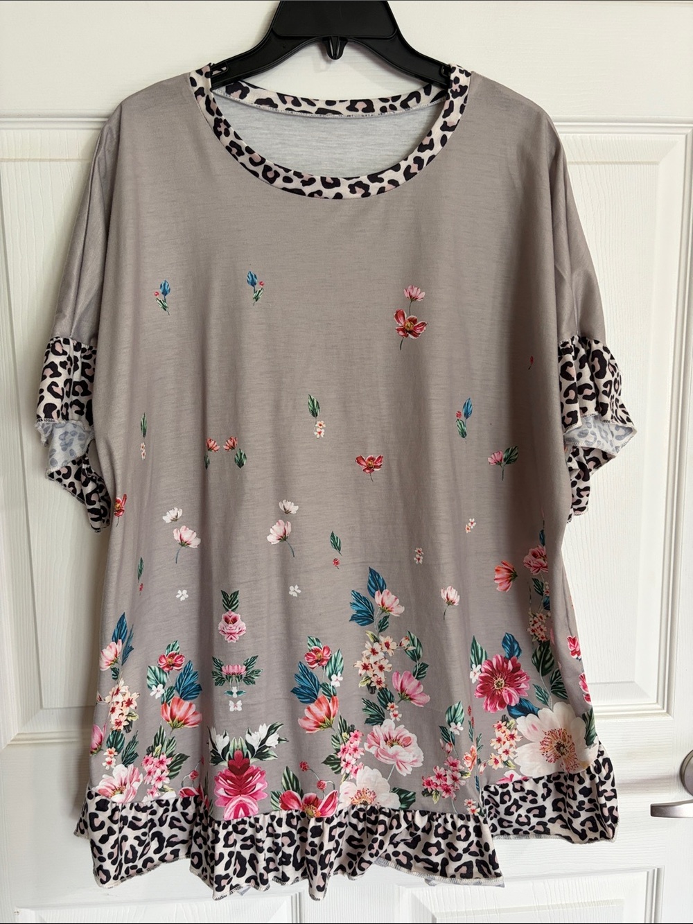 Taupe Floral Tunic with Leopard Trim